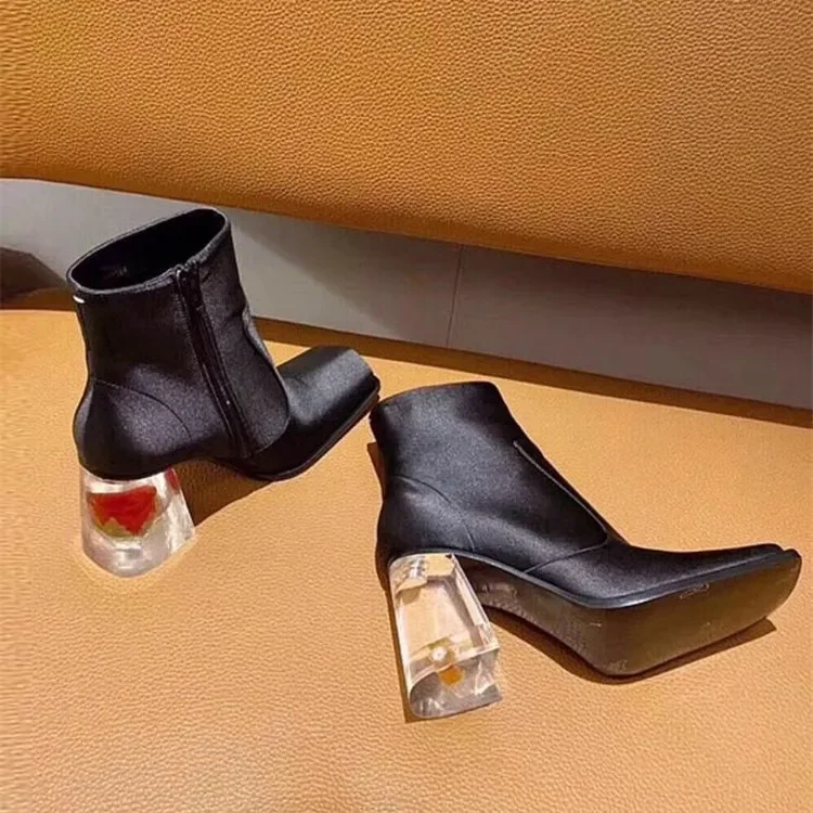 

Женские кожаные ботинки на массивном каблуке во французском стиле с розовыми кристаллами, модные ботинки челси на высоком каблуке с квадратным носком и молнией до щиколотки, женская обувь