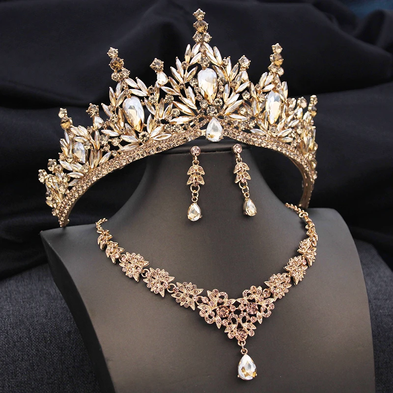 Elegant Tiaras and Crowns Bridal Jewelry Sets for Women Wedding Crown Choker necklace earrings Champagne Tiara Set Accessories