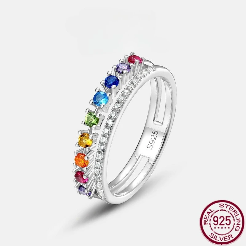 

New S925 sterling silver rainbow gradient color diamond set zircon ring European and American fashion hip-hop wedding jewelry