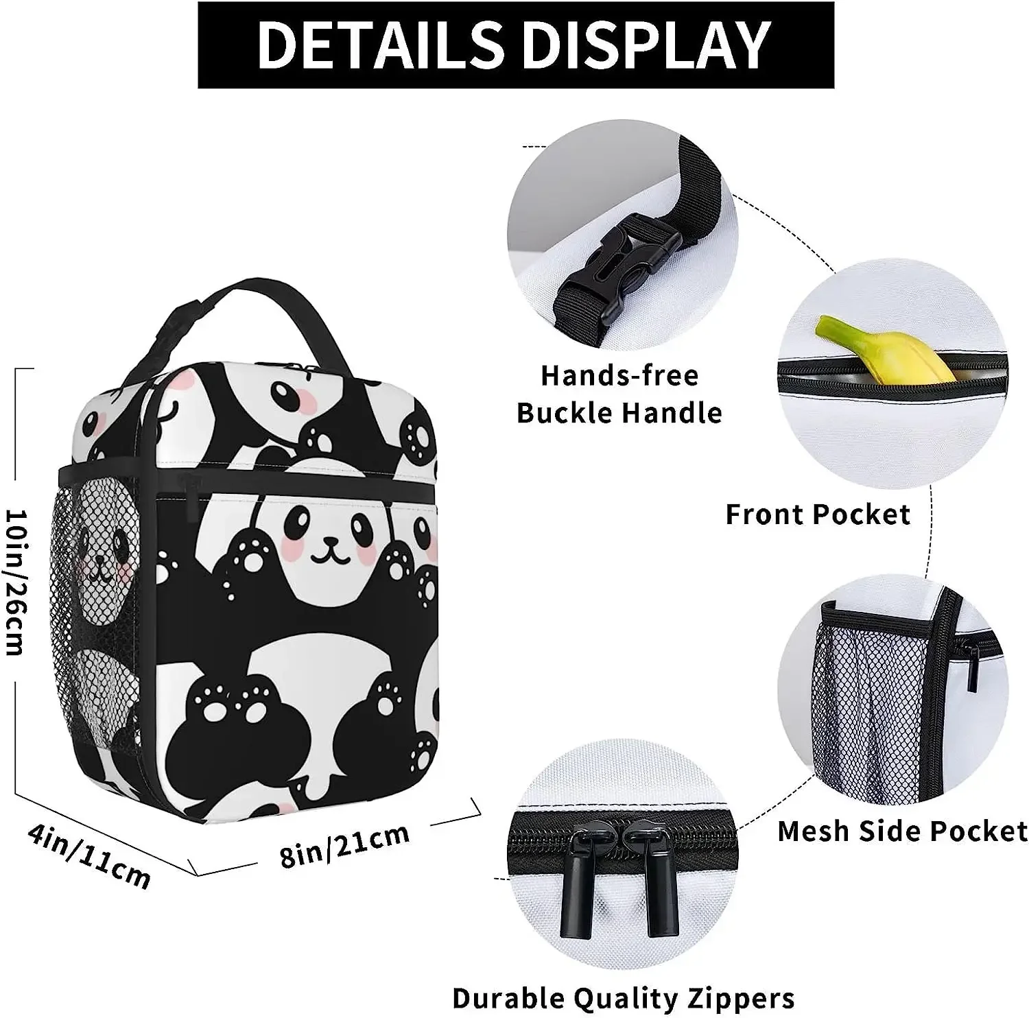 Cute Panda Print Lunch Box Reusable Insulated Lunch Bag Thermal Cooler Tote for Boys Girls School Men Women Picnic Travel Hiking