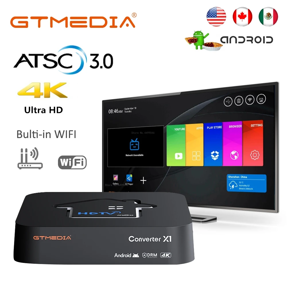 Конвертер GTMEDIA HDTV 2025 X1 Android TV Box ATSC3.0 4K DVB-T2 ATSC декодер для каналов США ТВ и радио WiFi 5g HDTV-плеер