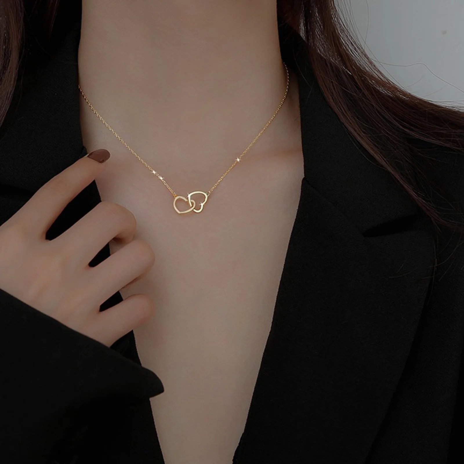 Fashion Couple Double Heart Hollow Pendant Necklace for Women Trend Long Sweater Neck Chain Necklaces Jewelry 40cm(15 6/8\