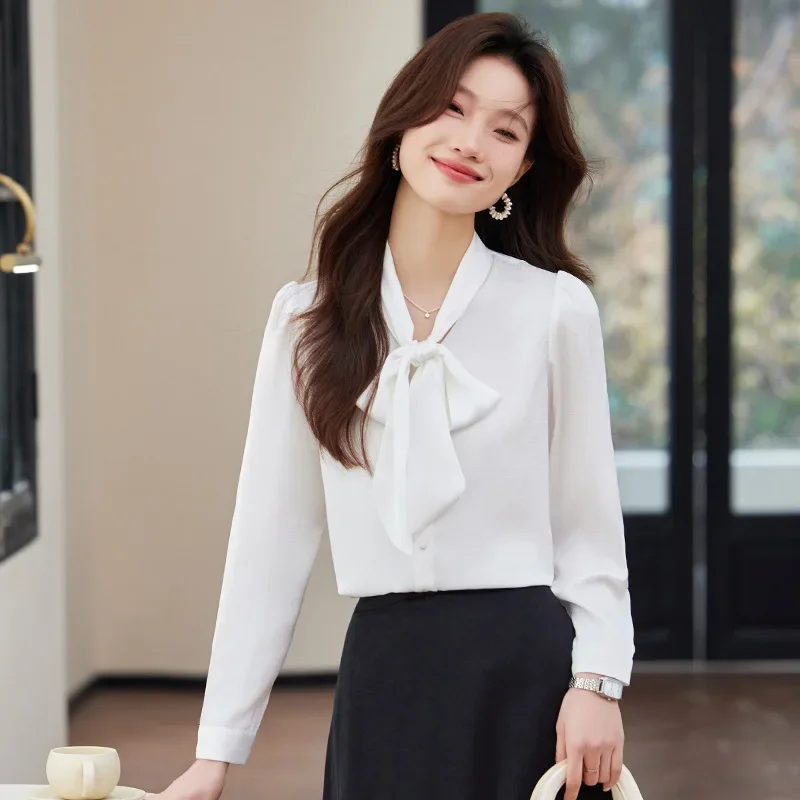 

Design long-sleeved shirt women's 2025 spring and autumn new streamer collar design top temperament commuter shirt