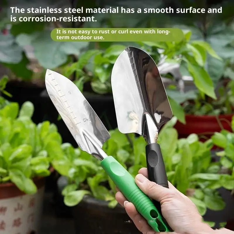 Edelstahl-Gartenspatel mit Tiefenmarkierungen, ergonomischem Soft-Grip-Griff zum Pflanzen und Umpflanzen, leicht zu reinigen, robust. – Detail 5