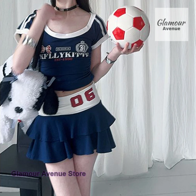 

American retro contrast slim short-sleeved T-shirt top women's summer new fashion hip-hop style A-shaped short skirt sports suit