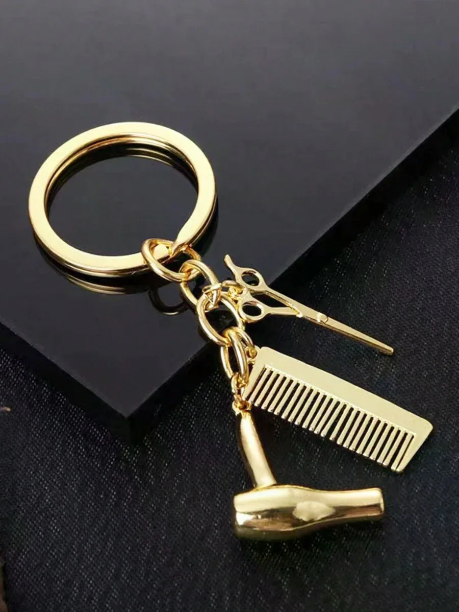 Street Gold Color Diy Hairdressing Scissors Blow Dryer Comb Pendant Shaped Key Chain Car Accessories Bag Charm School Cute Goth Y2k Gifts For Mother, Father, Graduation, And Teacher