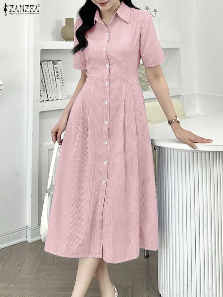 2023 Zomer Gestreepte Jurk ZANZEA Elegante Vrouwen OL Werk Midi Jurken Revers Hals Korte Mouw Vestidos Kantoor Zonnejurk Knop Gewaad