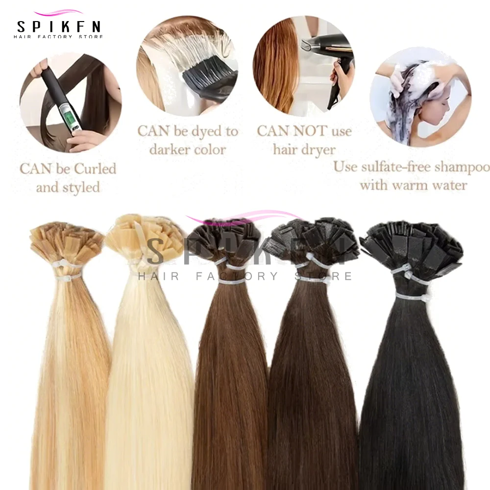 SPIKFN 스트레이트 케라틴 플랫 팁 인모 연장 천연 스트레이트 핫 퓨전 헤어 50개/팩 퓨전 프리 본디드 인모