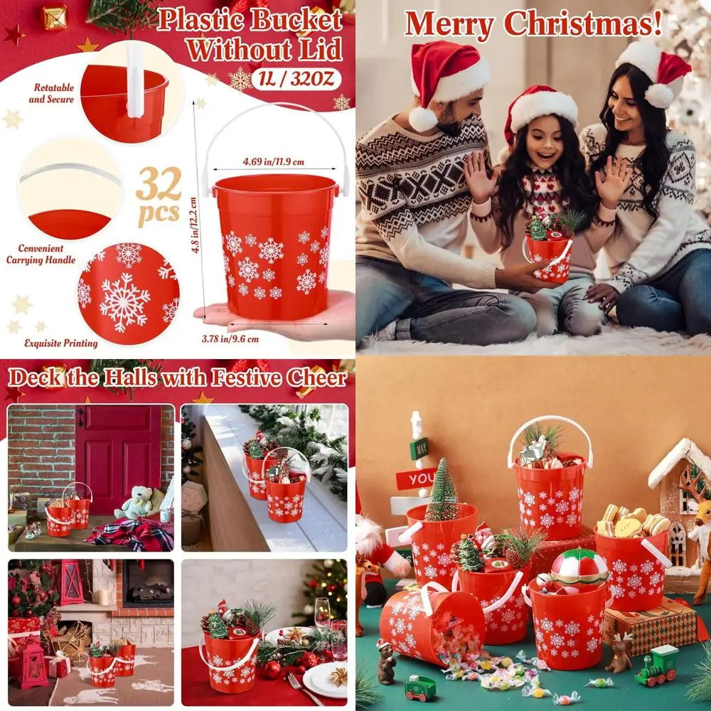 

Set of 32 Red Christmas Snowflake Plastic Buckets with Handle, 4.69x3.78x4.8 Inches, Perfect for Holiday Party Favors and Decora