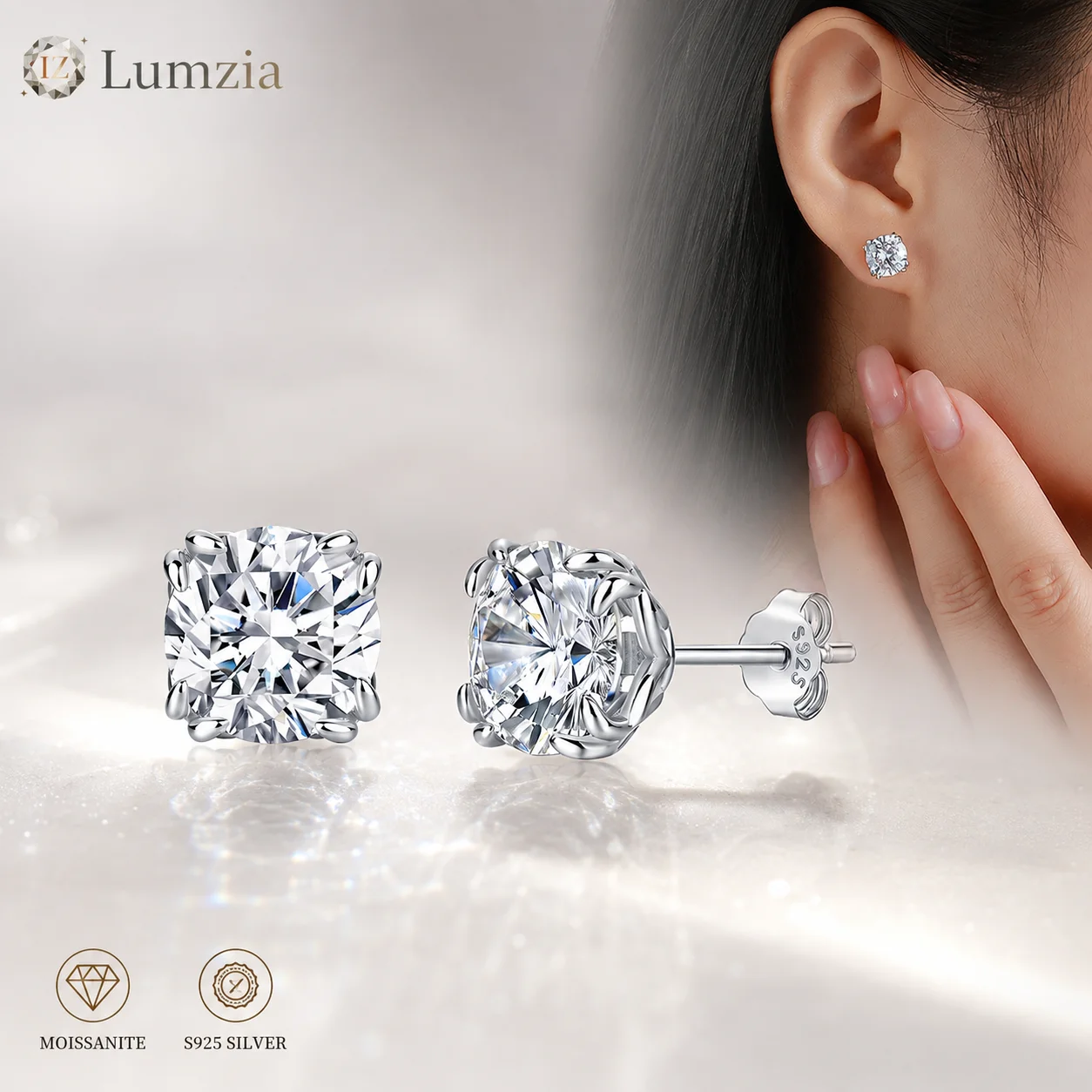 Moissanite Earrings Round Stud 1CT 2CT S925 Sterling Silver Prong Set Earrings for Women Gift GRA Certified Moissanite