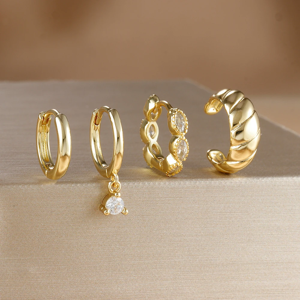 4PCS Stainless Steel Horse's eye Zircon Huggie Hoop Earrings Set for Women Gold Color Unique Pendant Earring Piercing Jewelry