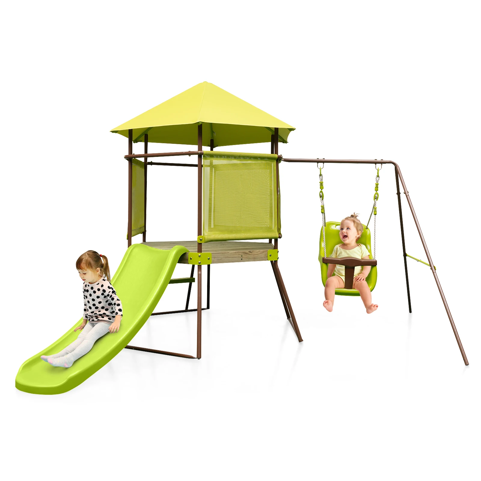 4-in-1 Swing Set w/ Covered Playhouse Fort Height Adjustable Baby Seat Slide