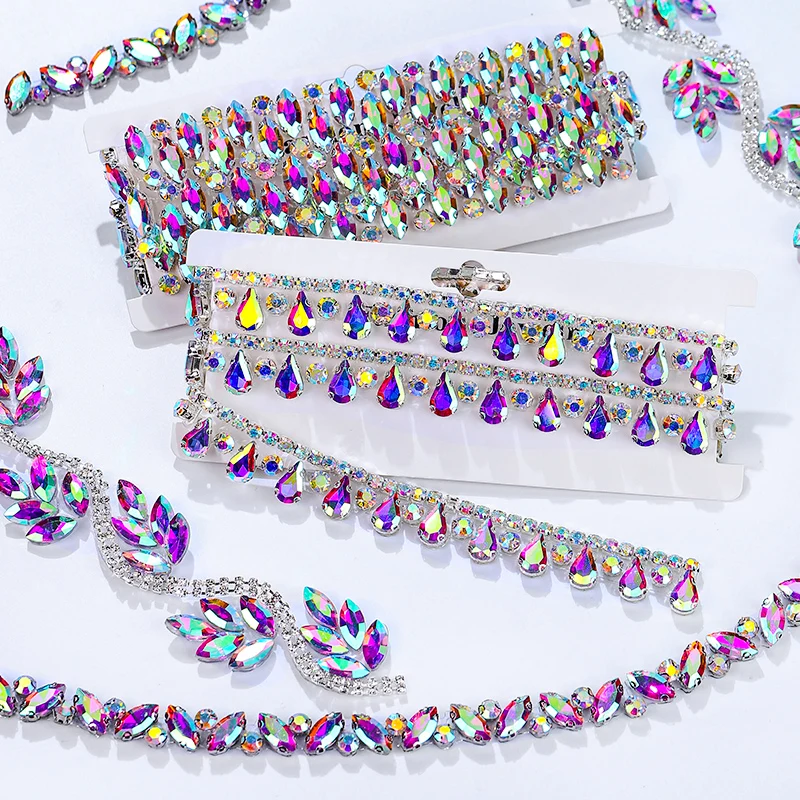 QIAO adorno de diamantes de imitación cristal AB cinta de fijación en caliente malla brillante apliques de diamantes de imitación embellecedor para vestido decoración de boda artesanía DIY