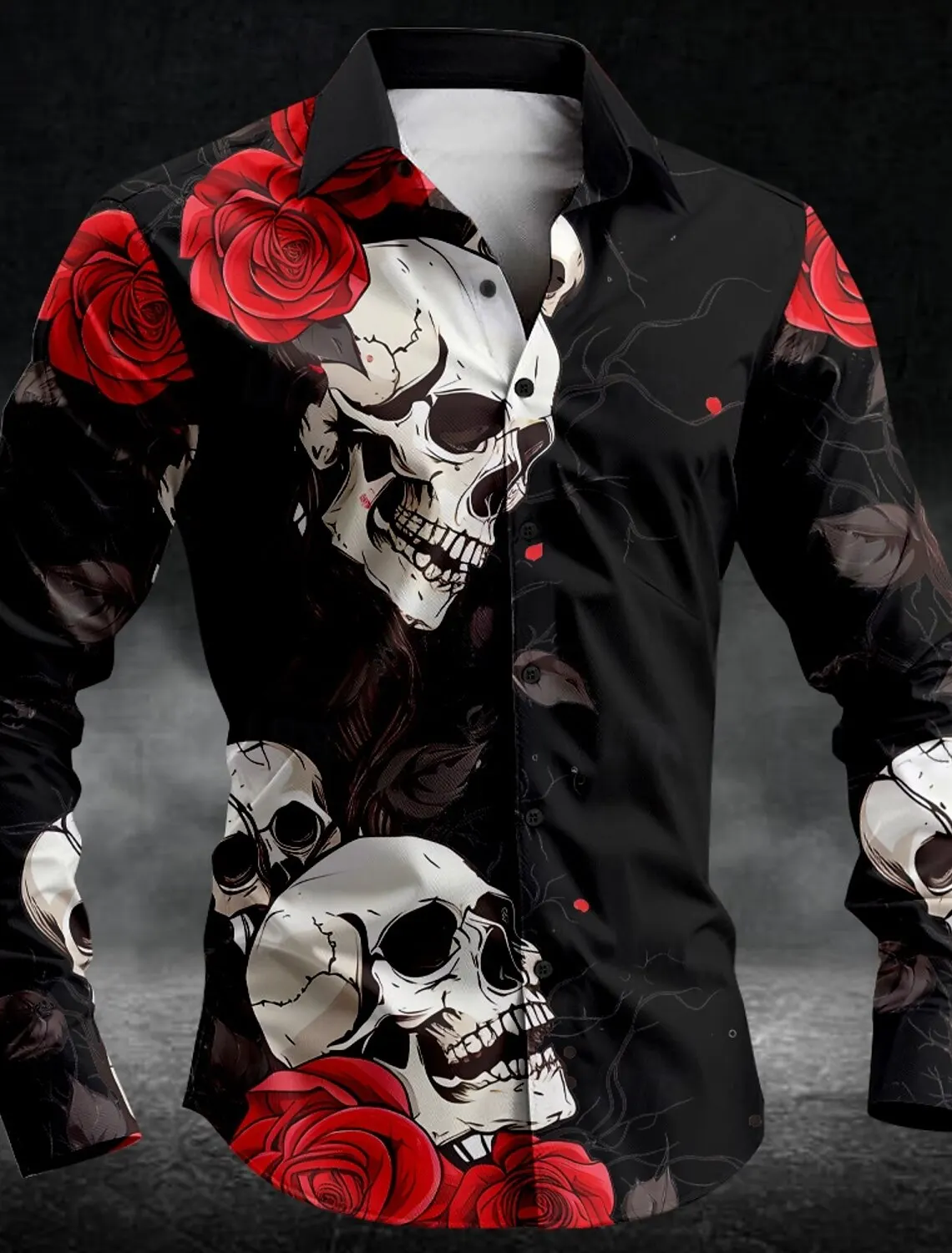 2024 New Men\'s Rose Skull Casual Comfortable Dark Men\'s Button Down Shirt Long Sleeve Party Party Everyday Shirt Collar Buttons