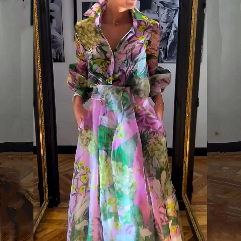 Chic Women Lapel Long Sleeved Shirt and A-line Skirt Suit Casual Commuting Slim Outfits New Spring Elegant Pattern Printed Party