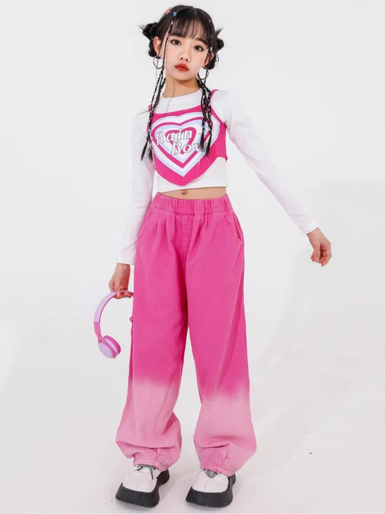 Süße Mädchen Kleidung Jazz Tanz Kostüm rosa Herz Weste Hosen Comcert Kpop Performance Kleidung Kinder Hip Hop Tanz tragen bl12426