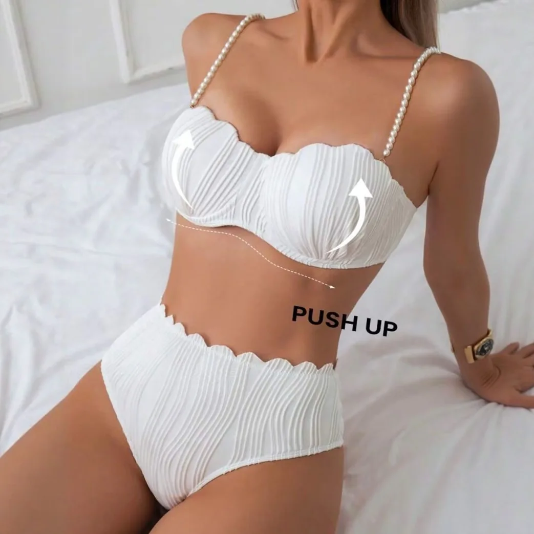 2025 Sexy Solid Bikini Set Women's Triangle Shell Print Two Piece Swimwear Beach Bathing Suit Solid Color Swim Clothes Female