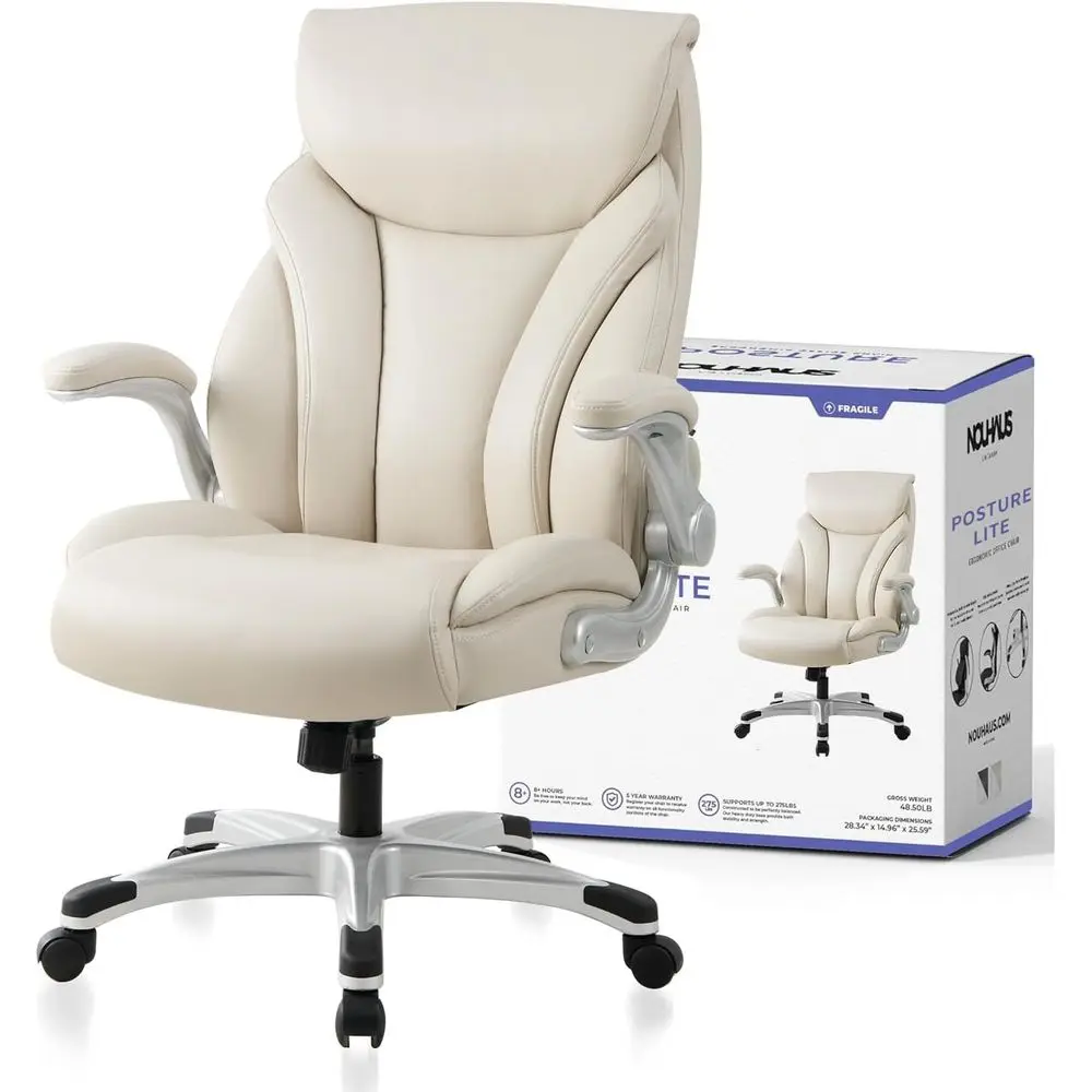 

Эргономичное офисное кресло с высокой спинкой из искусственной кожи, с поясничной поддержкой и регулируемыми подлокотниками для высоких и крупных людей, Posture Lite, белое