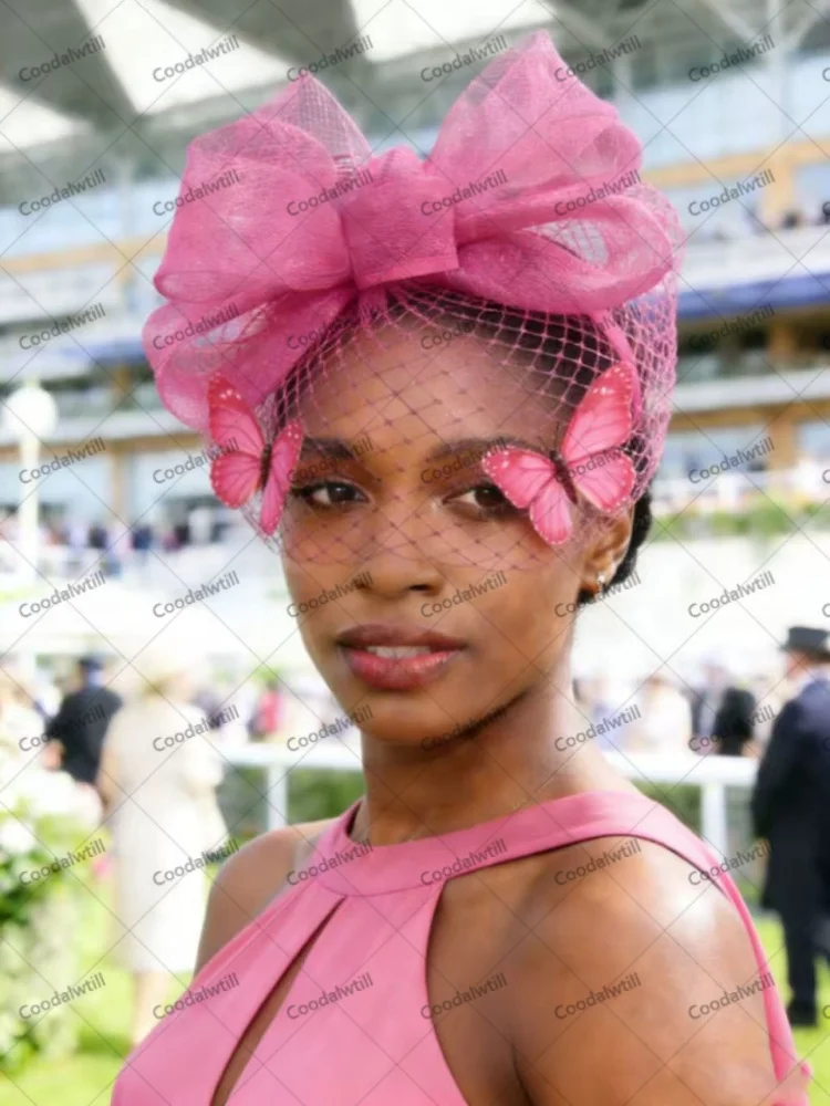 

Blush Pink Fascinator Hat Butterfly & 3D Floral Embellished Mesh Veil Headpiece Ladies Wedding Bridal Party Race Day Headwear