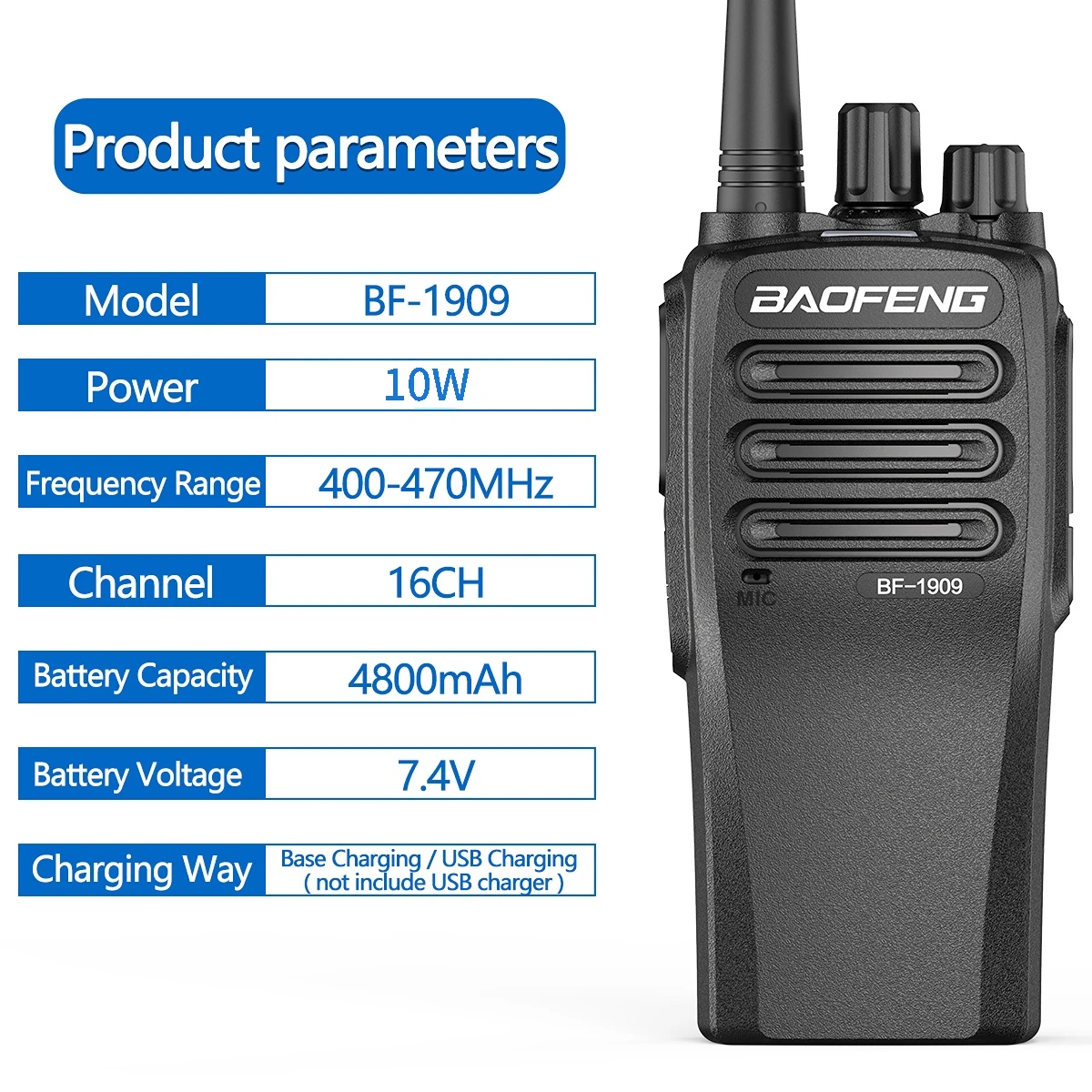 Imagem -04 - Rádio Bidirecional Walkie Talkie Profissional de Longo Alcance Rádio Comunicador Portátil para Caça Tipoc 4800mah 10w Baofeng-bf1909