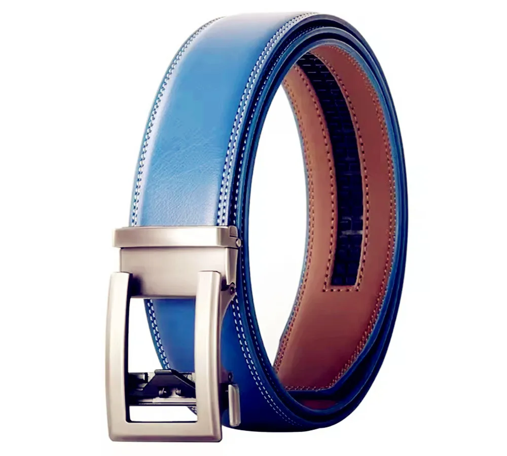 Unisex-Klickgürtel für Herren, Luxusmarke, Designer, modisch, automatische Schnalle, echtes Leder, Herrengürtel, männlicher Jeans-Hüftgurt, Blau – Detail 6