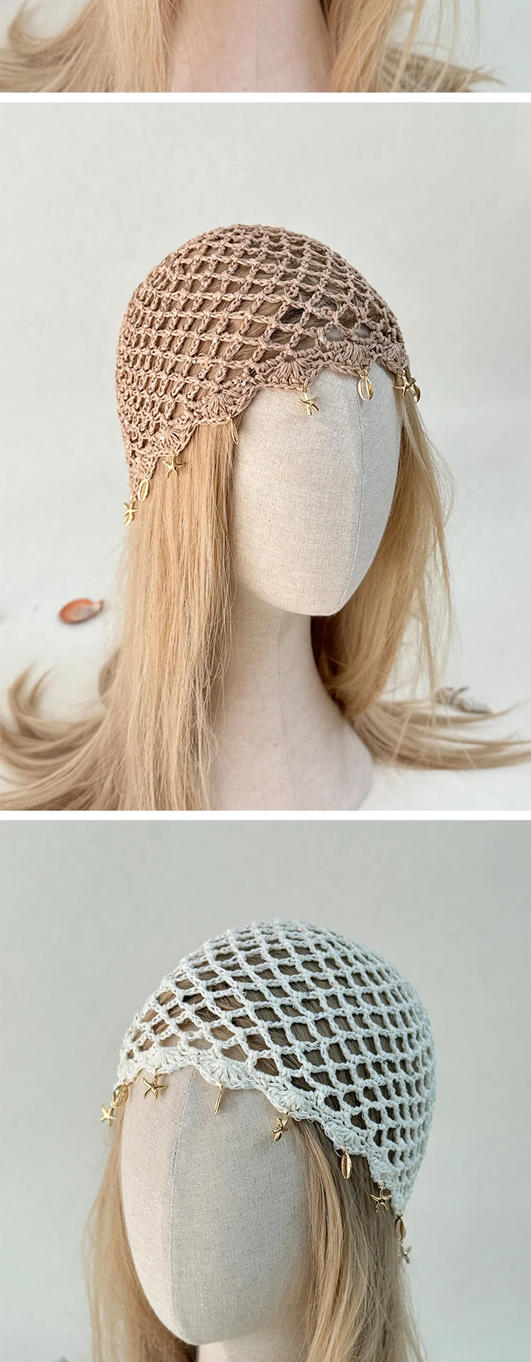 Modische, ausgehöhlte, gewebte Pullover-Mützen, gehäkelte, atmungsaktive Baskenmütze, Pentagramm-Fransen-Retro-Beanie-Mütze, Damen-Sommermütze, vielseitig einsetzbar – Detail 3