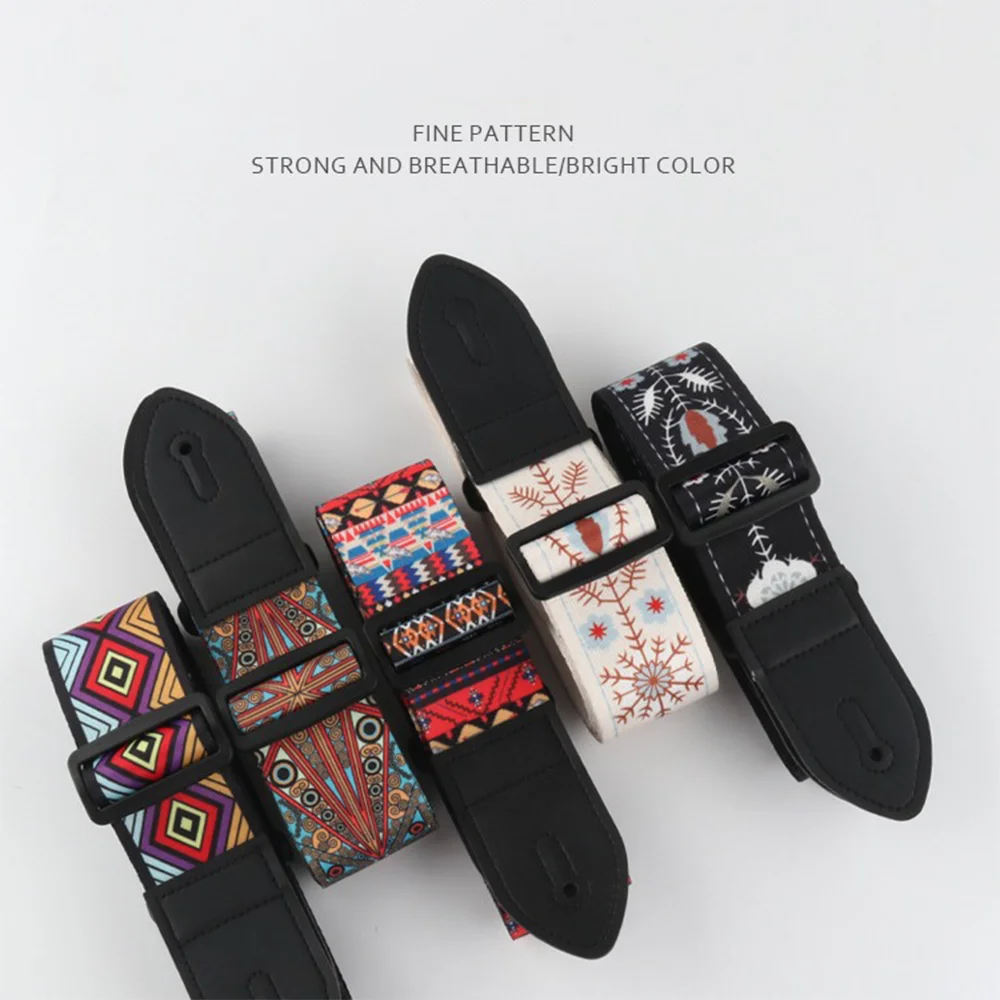 Guitar Strap Embroidered Belt Adjustable Jacquard Band Cotton Leather End For Bass Acoustic Electric Guitar Ukulele Instruments