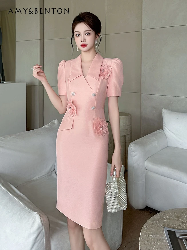 

Professional Commute Style Summer Dress High Sense Heavy Industry Three-Dimensional Flower Lapel Double Breasted A-line Dresses