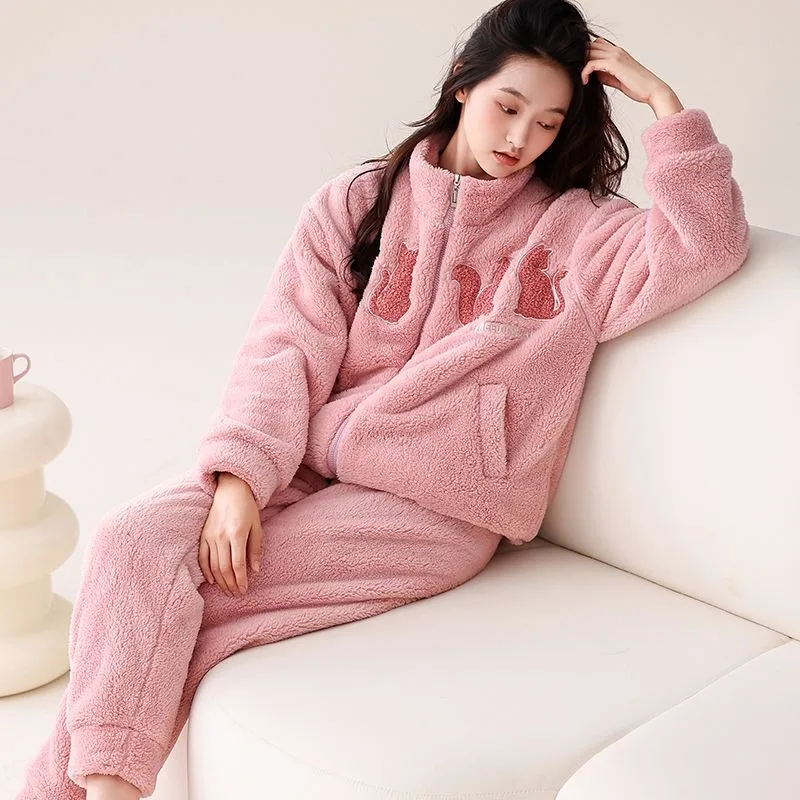 Women Coral Velvet Pajamas Winter Fleece-lined Thickened Stand Collar Nightclothes Sets Female Flannel Warm Loungewear Suit 2024