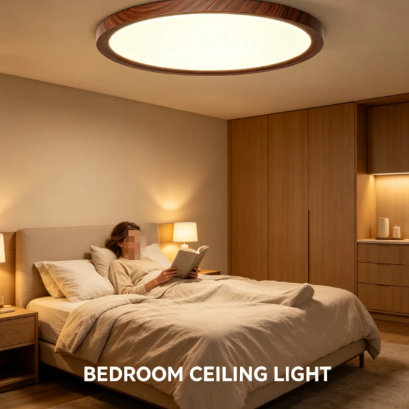 Round Led Ceiling Lamp With Walnut Wood Grain Frame And Soft Diffused Light For Living Room Bedroom Use
