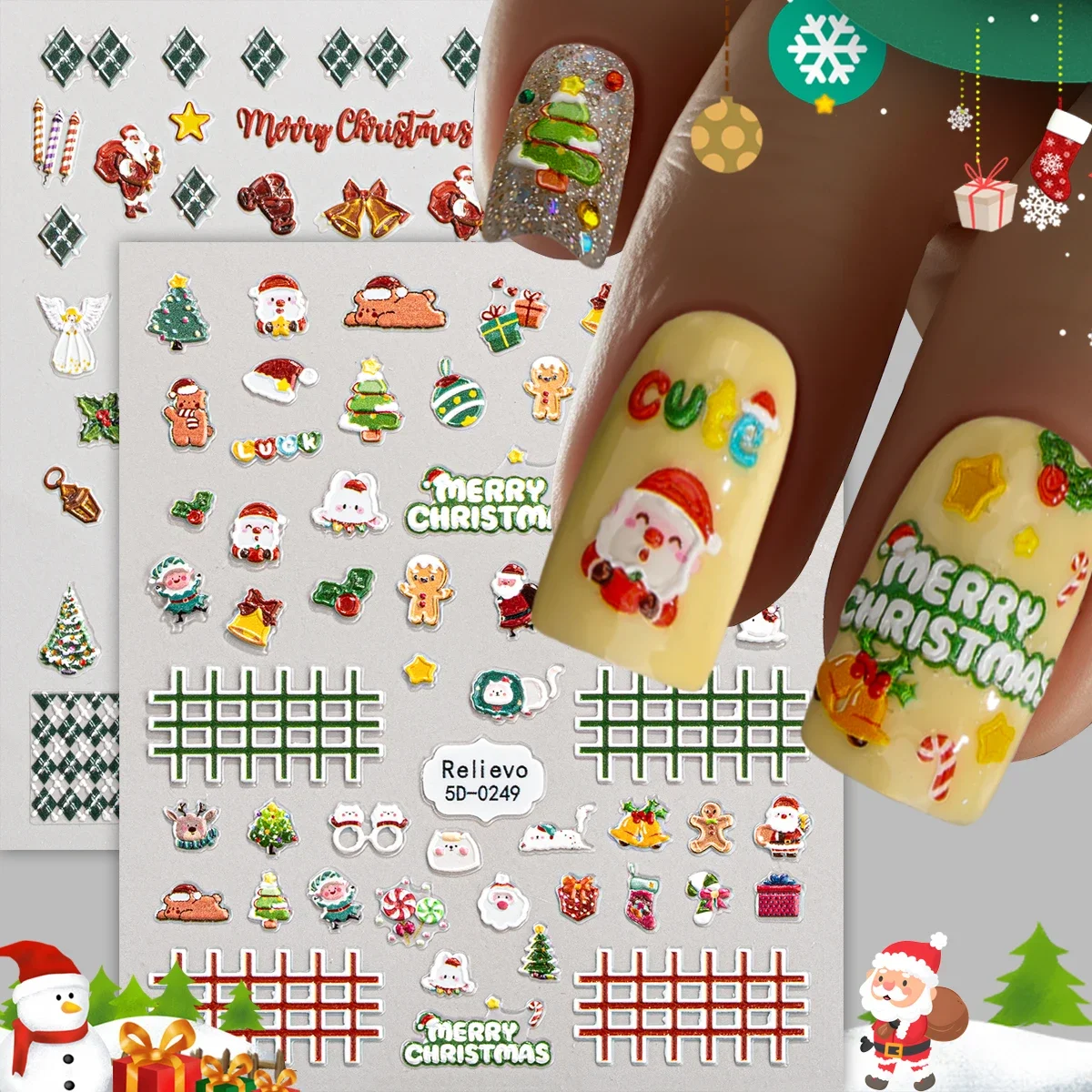 2 uds muñeco de nieve de dibujos animados encantador Navidad 3D autoadhesivo pegatina artística de uñas diamantes de imitación 5D relieves en relieve calcomanías de manicura