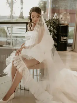 YouLaPan V117 allık uzun katedral ile gelin Veils düğün duvağı iki kat Lotus yaprağı pilili kenar süper yumuşak düğün