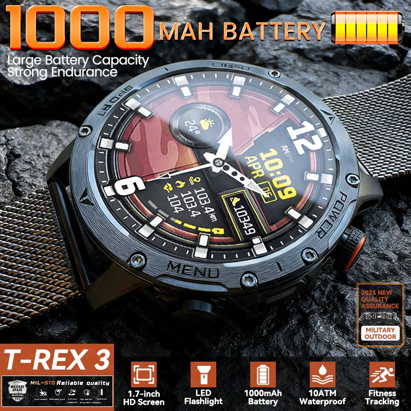 

New Men Outdoor 1000mAh Battery Sports Smart Watch Military T-REX3 Flashlight 10ATM Waterproof Bluetooth Call 1.7" HD Smartwatch