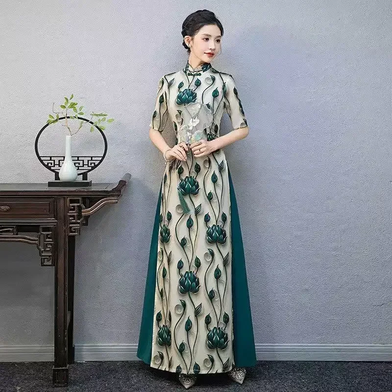 Vietnam Traditional Dress Ao Dai National Flower Print Cheongsam Oriental Improved Qipao Party Banquet Evening a-line Dress
