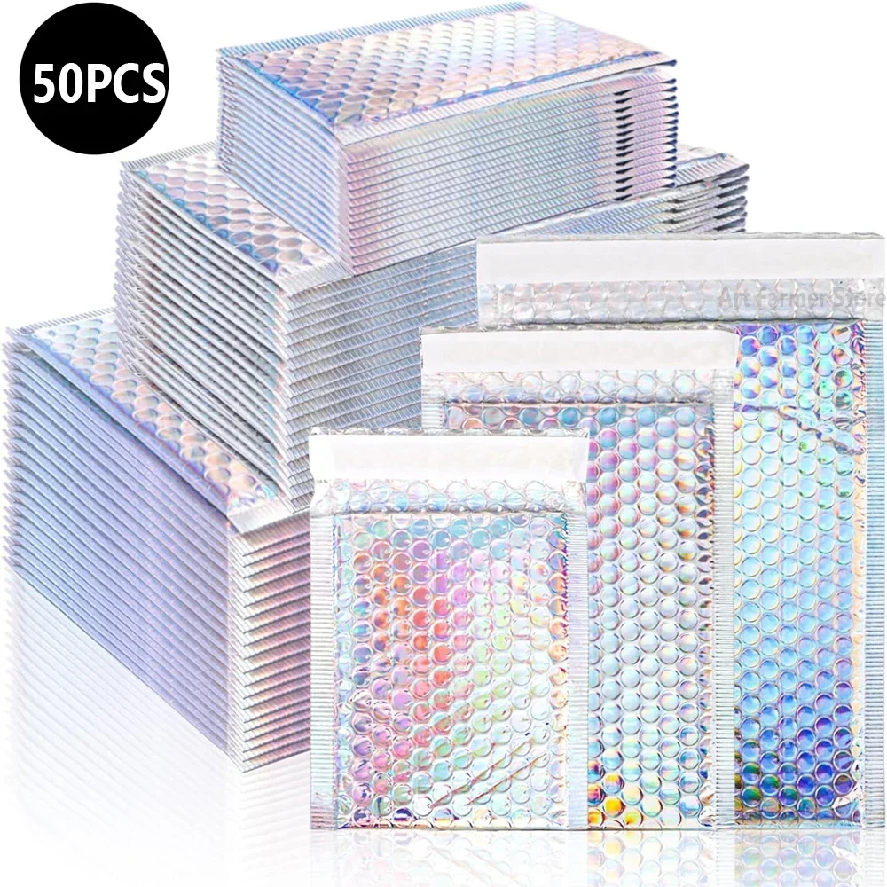 50Pcs Packaging Supplies Holographic Metal Bubble Mailer Shipping Bags Small Business Envelope Mailing Office School