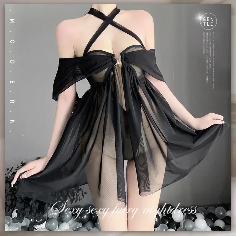 أسود الملابس الداخلية فستان نوم الملابس الداخلية المثيرة مثير إغراء حبال باس النوم الدانتيل الشيفون ضئيلة النساء الملابس الداخلية Lencería
