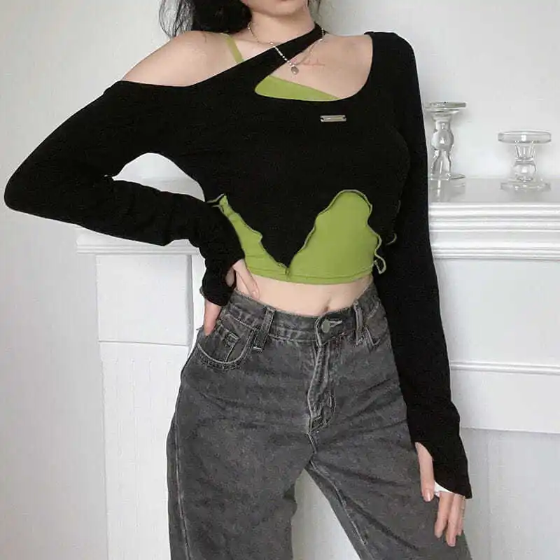 Y2k Vintage Asymmetrical T-shirt Korean Crop Tops Two Piece Women Casual Off Shoulder Streetwear Long Sleeve Chic Slim Tee Tops