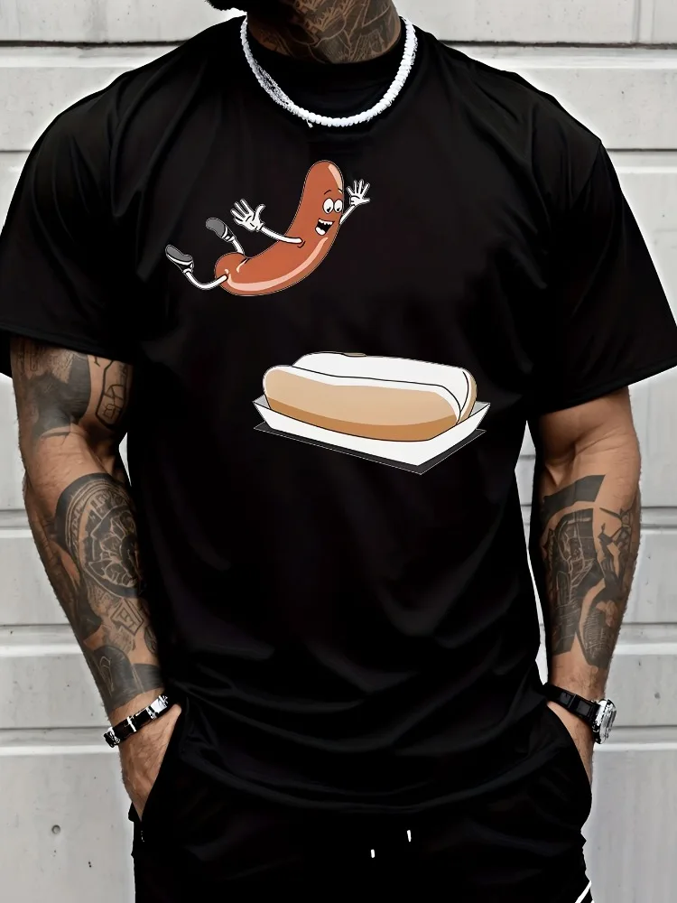 Funny Jumping Hot Dog Cartoon Food Pattern Graphic Print Mens Crew Neck Short Sleeve Tee Casual Daily Soft Basic Daily Wear Top