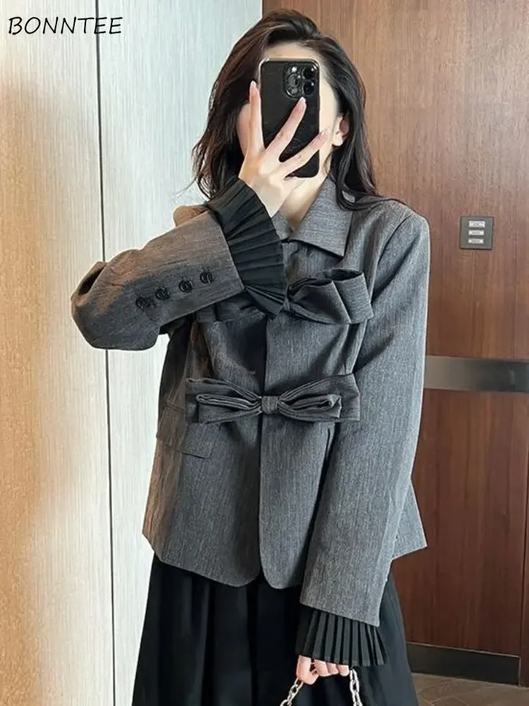 Blazers Women Bow Solid Simple All-match Office Spring Korean Style Elegant Leisure Ladies Streetwear Popular Chic Fashion Coats