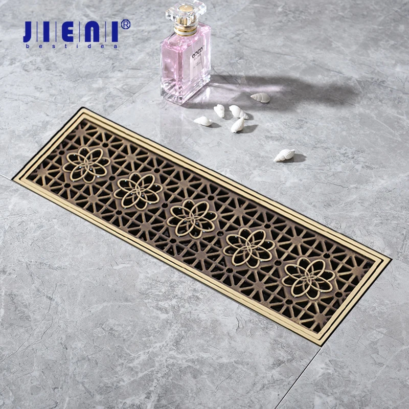 

JIENI Luxury Antique Brass Bathroom Drains Rectangle Deodorization Type Floor Drain Linear Shower Bathroom accessories