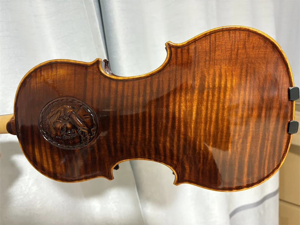 كمان موزارت منحوت يدويًا من خشب القيقب الخلفي قطعة واحدة - 4/4 مقاس - شاشة عرض حقيقية #4