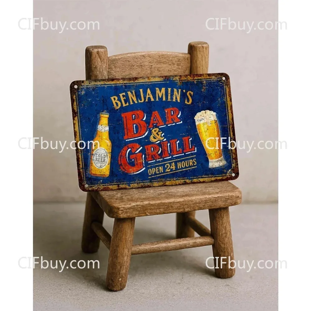 CIFbuy [2D Flat] Custom Distressed Blue Bar & Grill Metal Sign,Personalized Name Wall Plaque,Pub Wall Decor (Only For Decoration