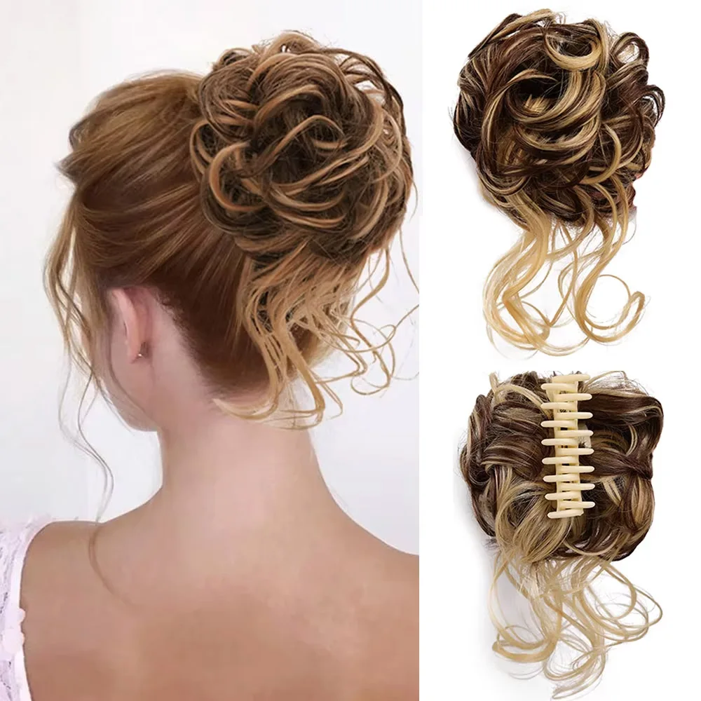 1 pz ciambella disordinata sintetica panini Chignon Tousled Updo con Clip artiglio ricci posticci Scrunchie estensioni dei capelli donne indossano parrucche