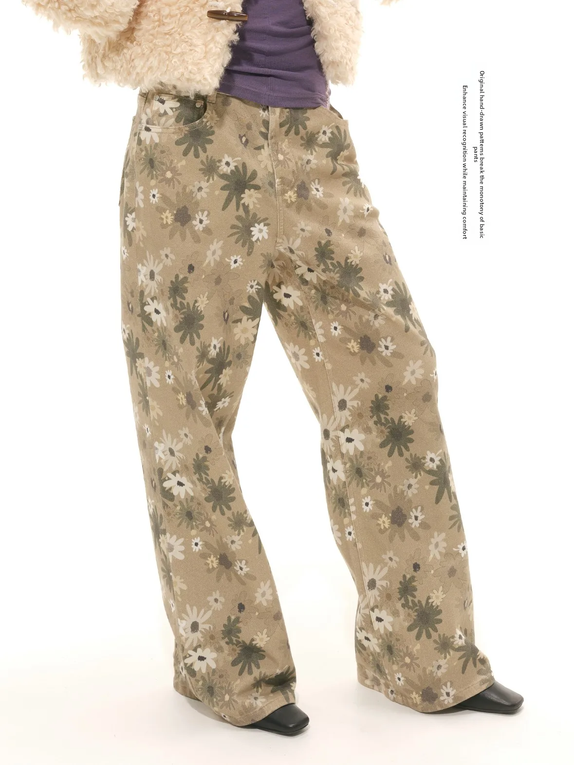 

Dosordonts Хаки, ручная роспись, цветочный принт, выцветающие прямые джинсы, женские джинсы со средней и высокой талией, хлопковые винтажные джинсы