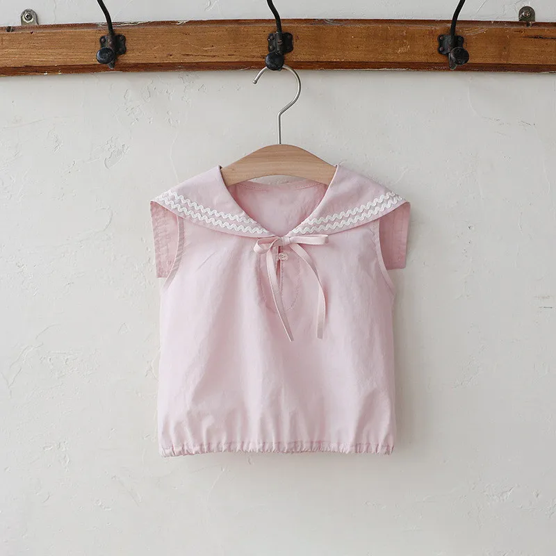 

girls clothes kids clothes toddler tops Navy style sleeveless T-shirt Solid color sweet big collar summer top