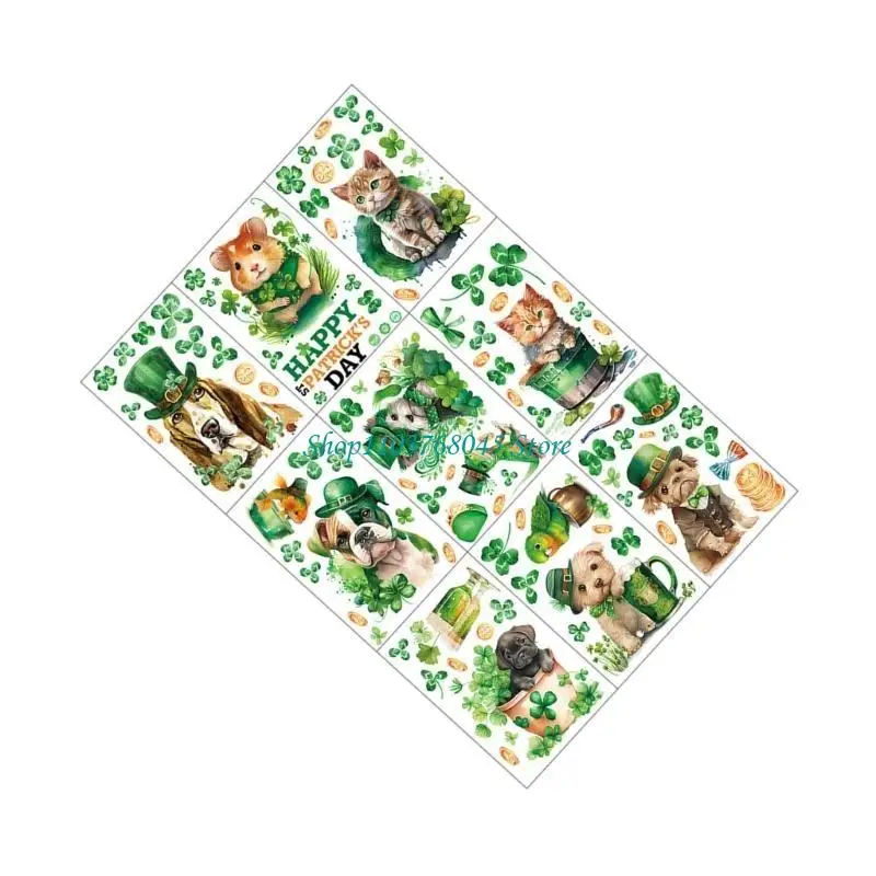 R53F Patricks Day Decoration Animal Clovers Window Clings Decals Irish Window Sticker