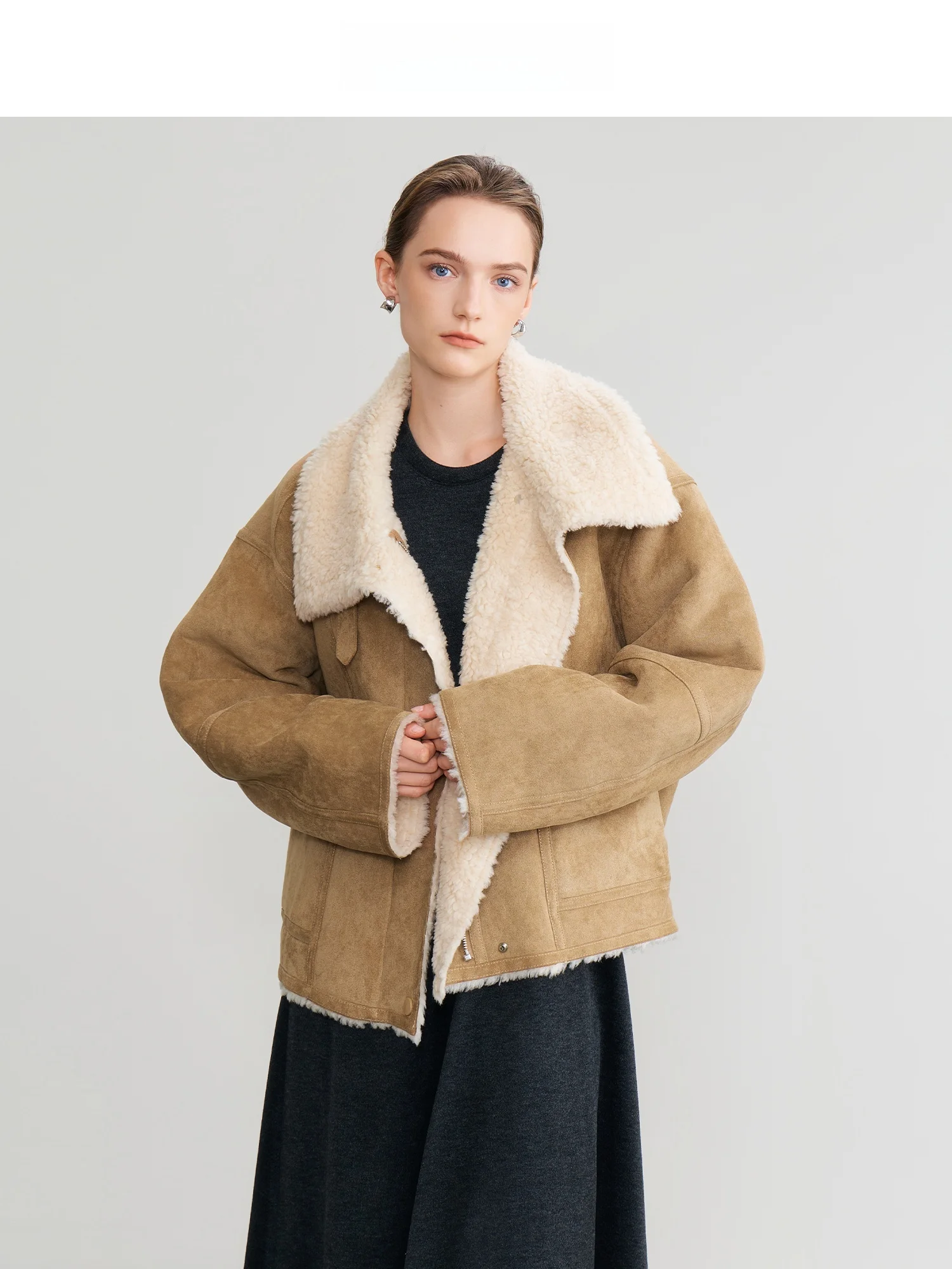 

Женская куртка Spring Xi Li 'Cloud Sensation' из натуральной кожи, роскошная замшевая верхняя одежда с шерстью, длинный рукав, высокий воротник