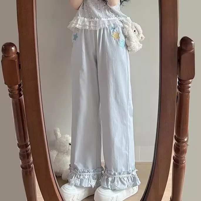 الكورية نمط لوليتا المرأة عالية الخصر السراويل لطيف ستار الدانتيل بنطال ذو قصة أرجل واسعة Y2k طالب Sweatpants عادية فضفاض Kawaii بنطلون