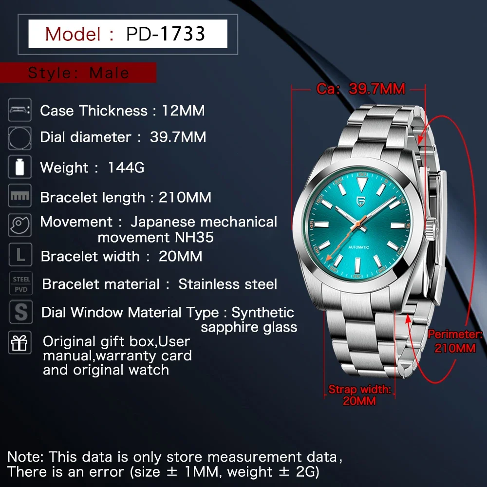 PAGANI DESIGN Green Glass Men Mechanical Watches Luxury Sapphire Automatic Watch For Men NH35A Stainless steel Waterproof Clock