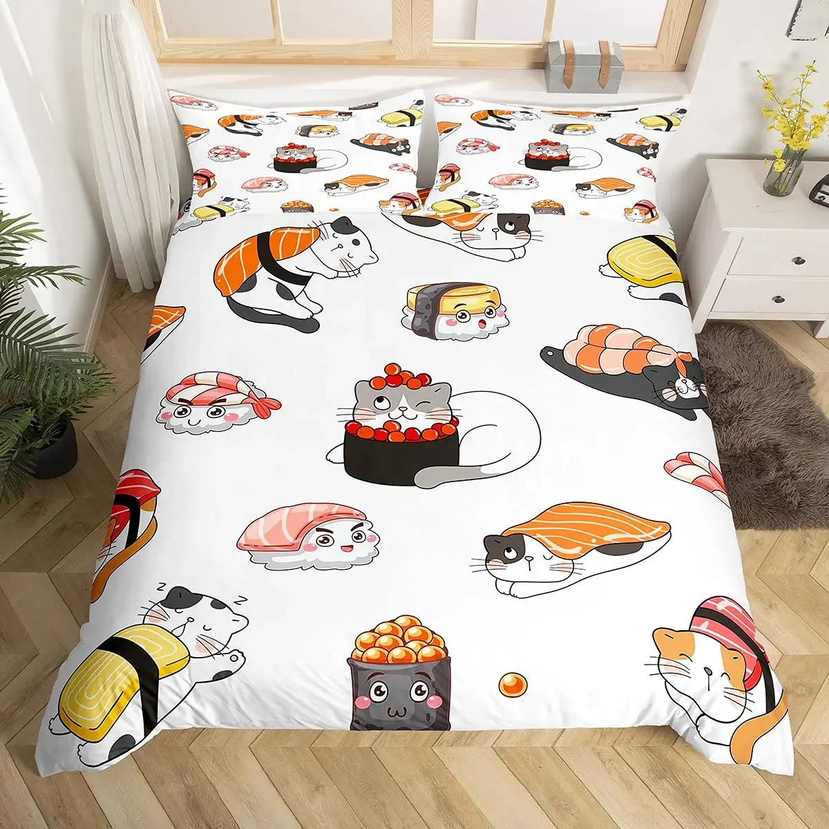 Japanese Sushi Lovely Little Cat Child Teens Novelty Cartoon Pet Animal Japan Food Duvet Cover Ethnic Room Decor Cat Lover Gifts